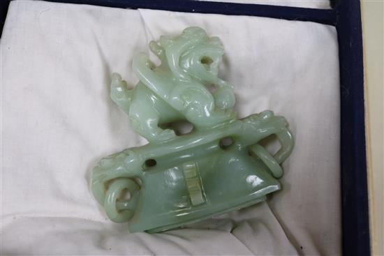 A Chinese bowenite jade vase, cover and stand in box